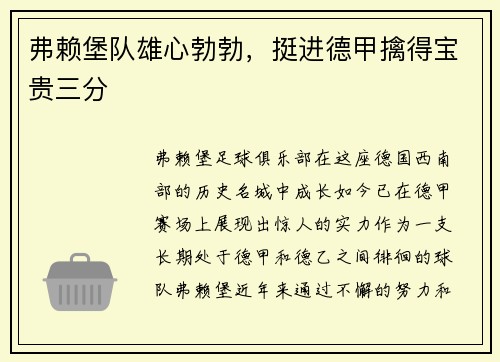 弗赖堡队雄心勃勃，挺进德甲擒得宝贵三分