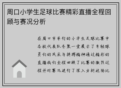 周口小学生足球比赛精彩直播全程回顾与赛况分析
